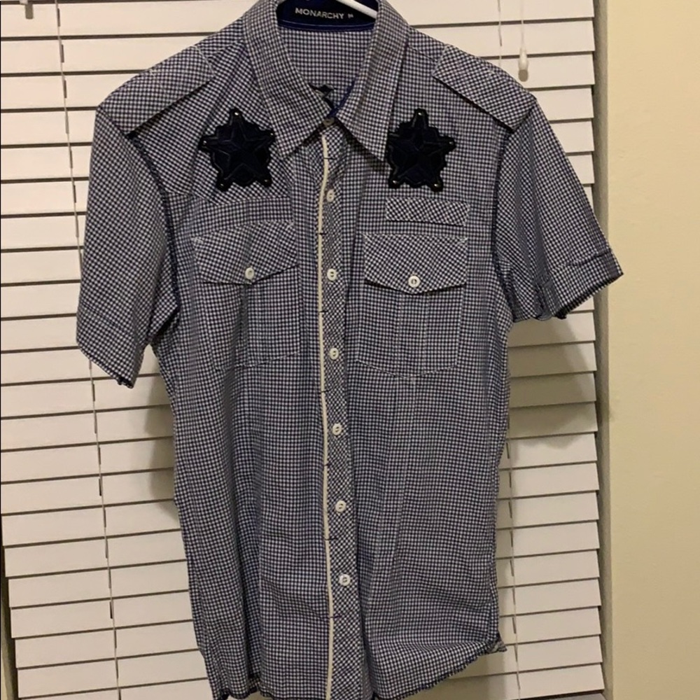 Preowned Monarchy navy blue and white shortsleeve